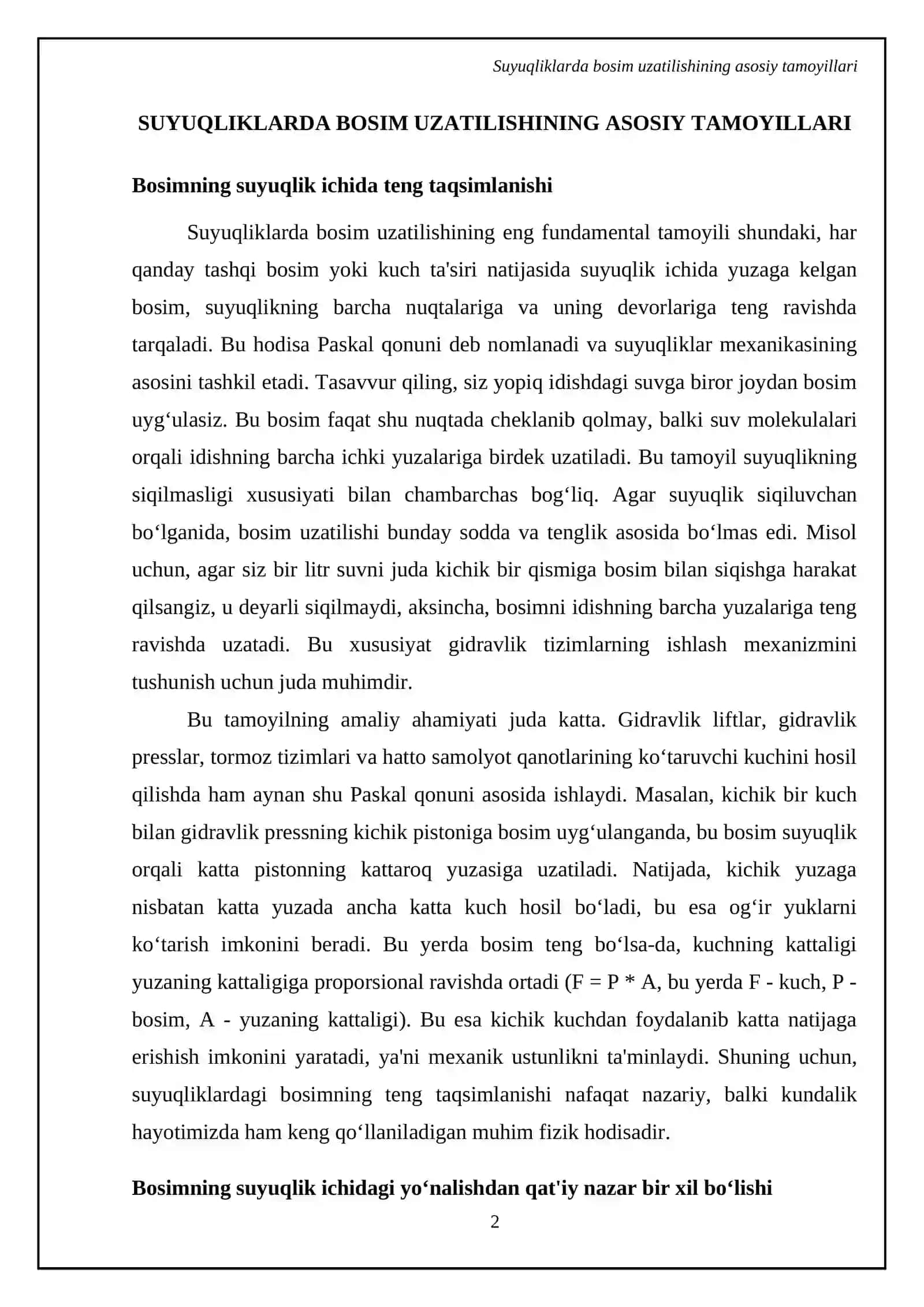 Suyuqliklarda bosim uzatilishi va Paskal qonuni 4