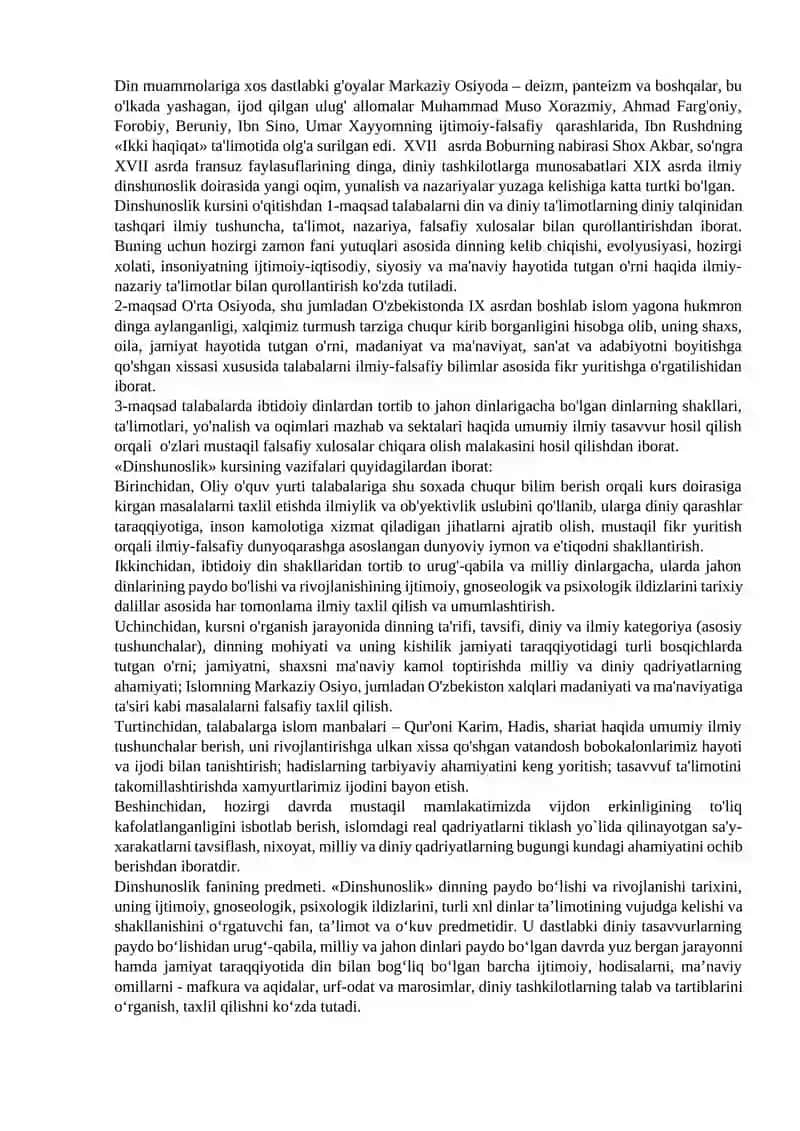 Dinshunoslik fanini predmeti, maqsadi va vazifalari. Milliy dinlar 4