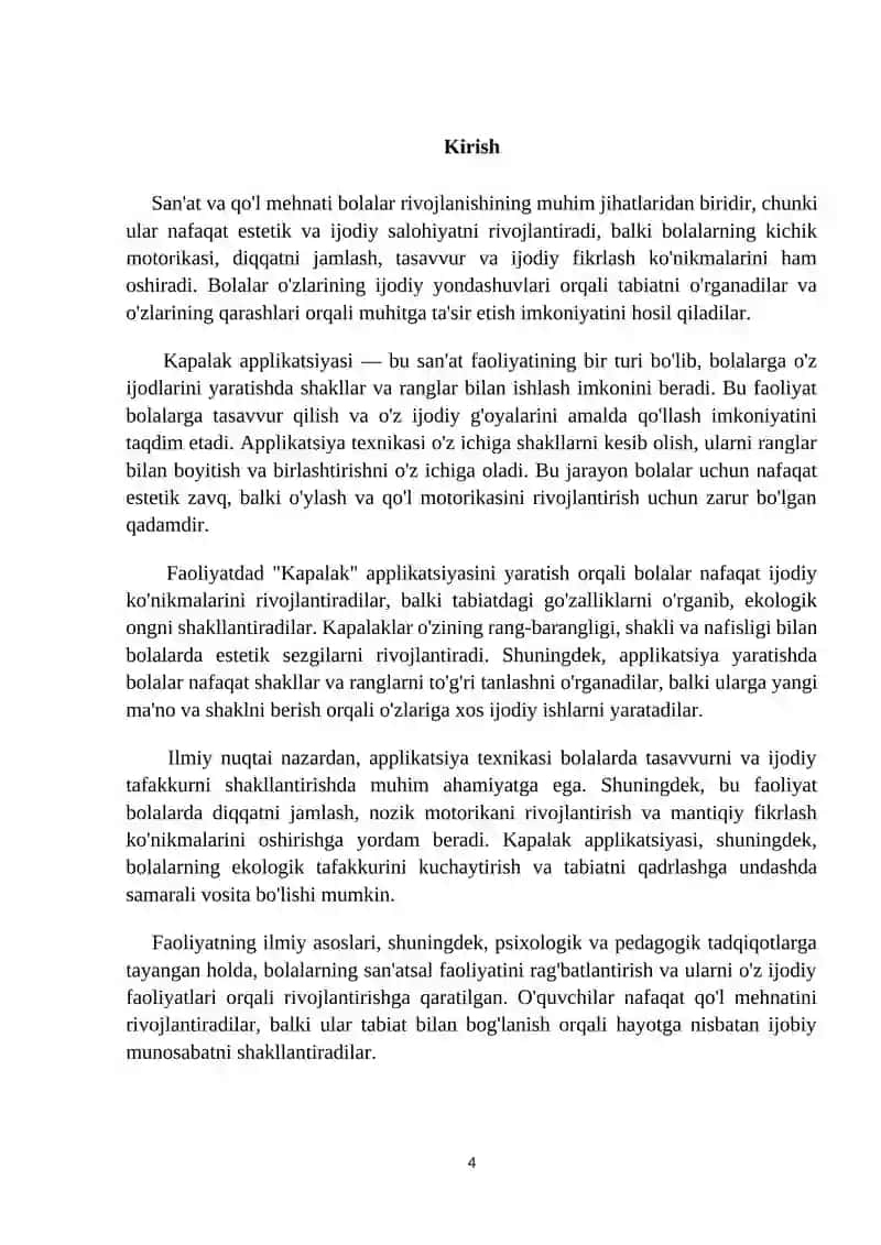 “Kapalak” applikatsiyasi mavzusida loy ishi. (oʼrta guruh) Sanʼat markazi 4