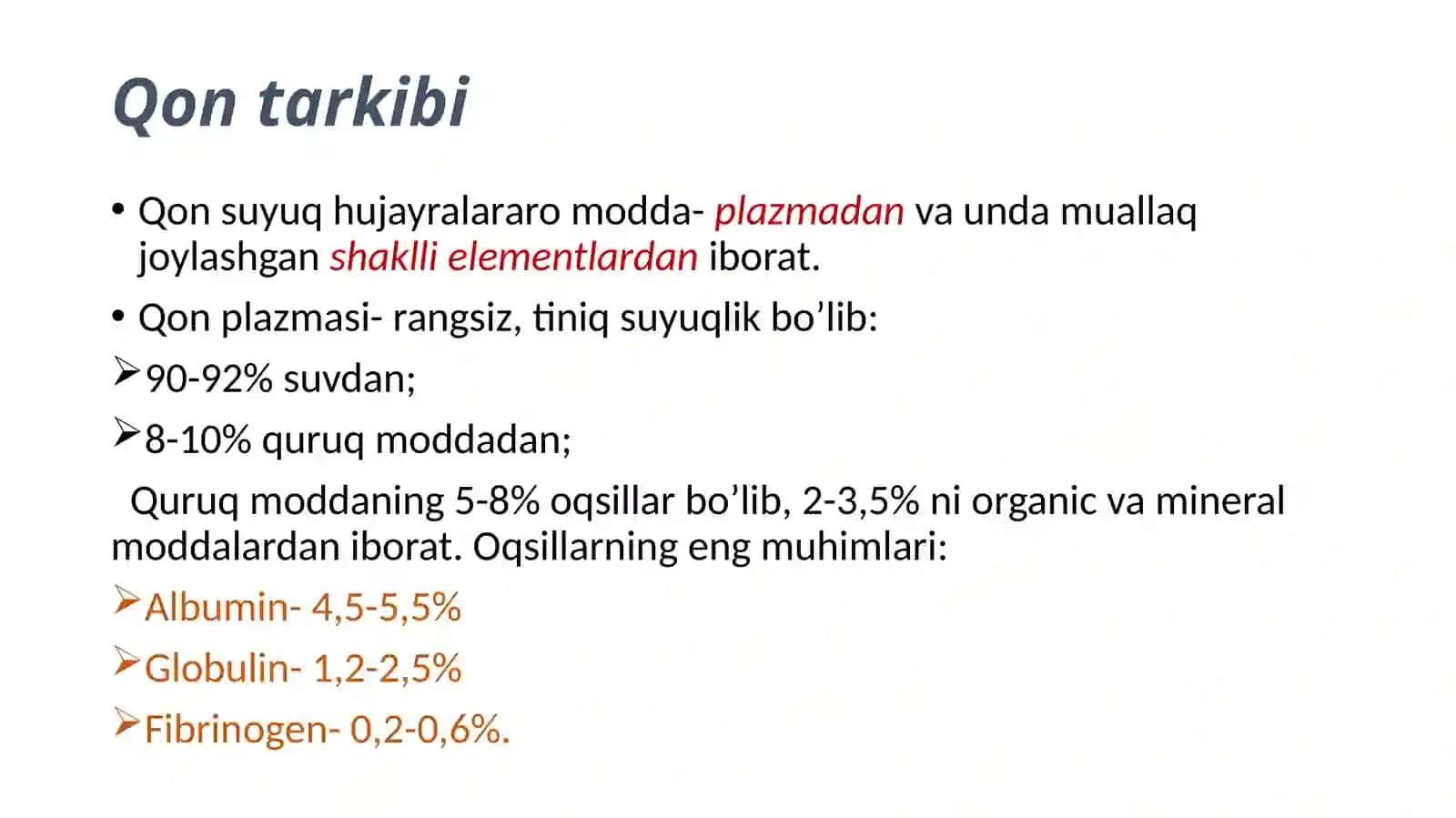 Qon va uning tarkibi, limfa. Siyrak to'lala biriktiruvchi to'qima 4
