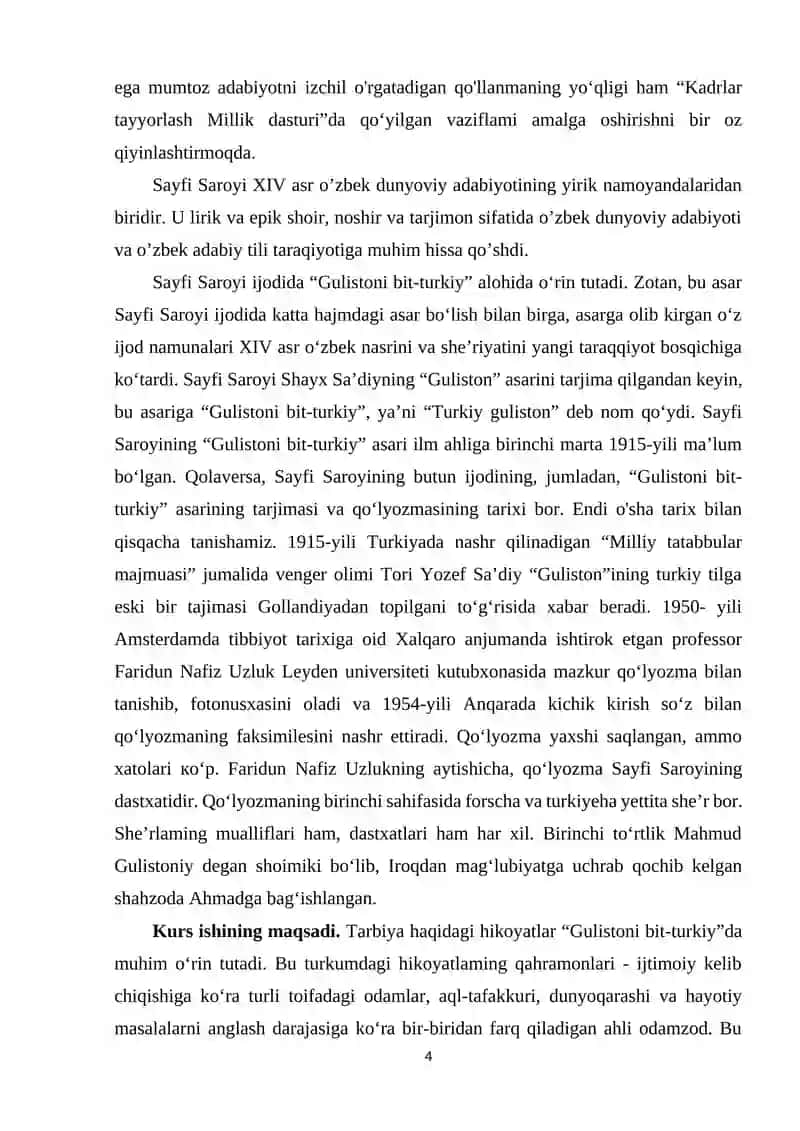 "SAYFI SAROYINING GULISTON VA TURKI ASARLARIDAGI SULTONLAR HAQIDAGI HIKOYATLAR" 4