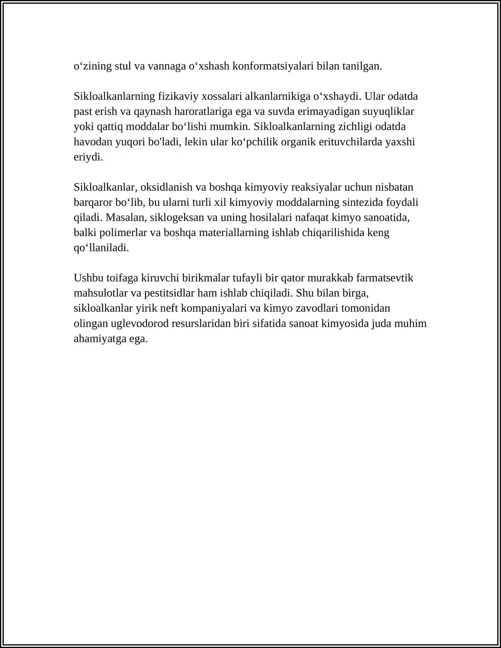 NEFT TARKIBIDAGI SIKLOALKANLAR (NAFTENLAR). SIKLOALKANLARNING XOSSALARI 4