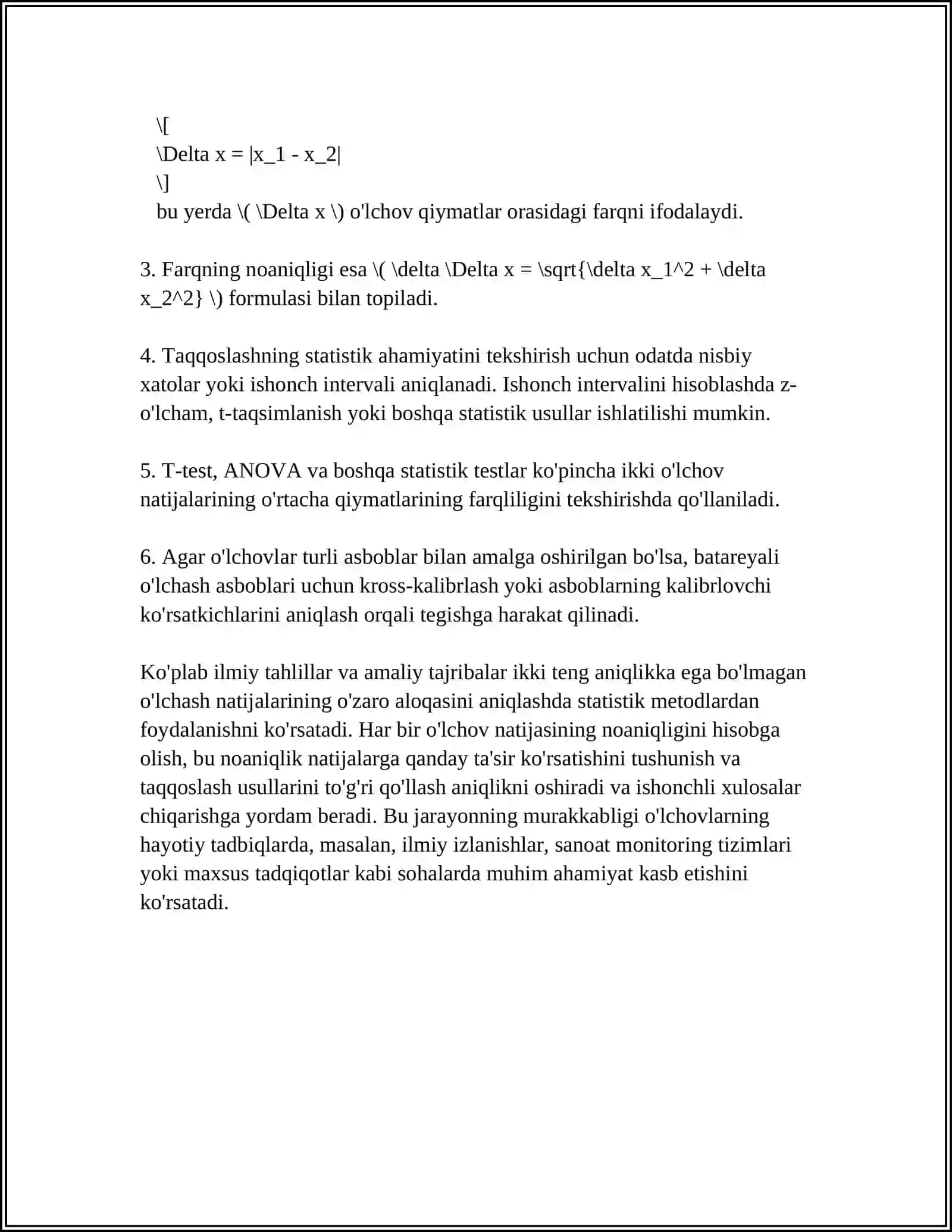IKKITA TENG ANIQLIKKA EGA BOʻLMAGAN OʻLCHASH NATIJALARI FARQI BOʻYICHA QAYTA ISHLASH 4