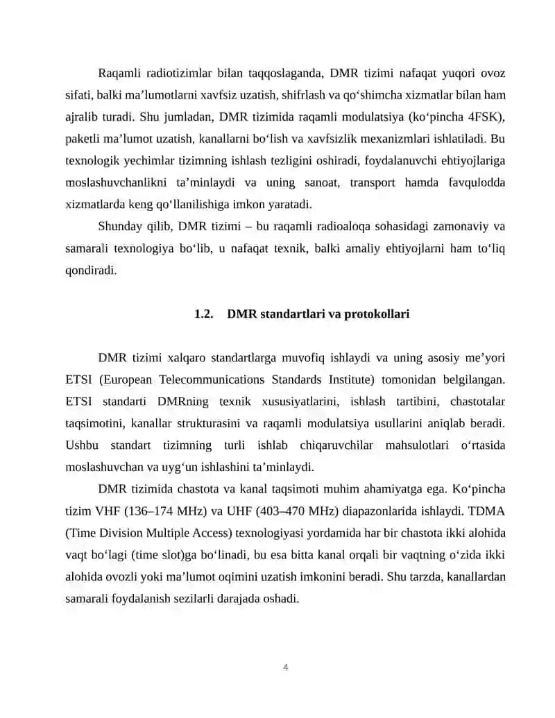 DMR (Digital Mobile Radio) tizimining texnik afzalliklari va amaliy qo‘llanilishi. 4