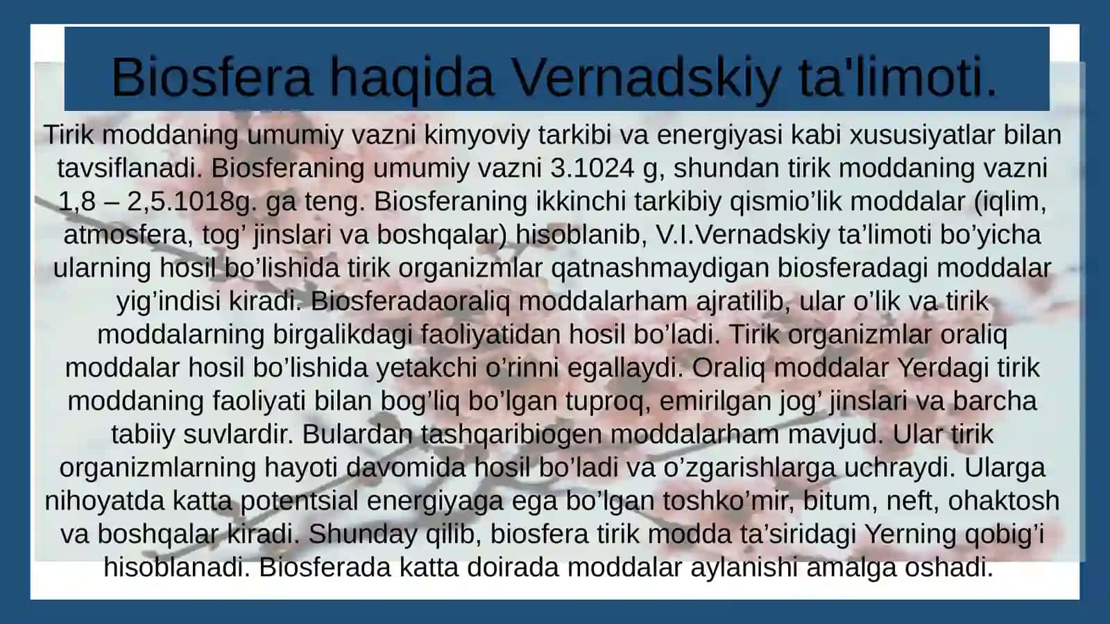 Xoldarova Diyoraning umumiy ekologiya fanidan taqdimoti 4