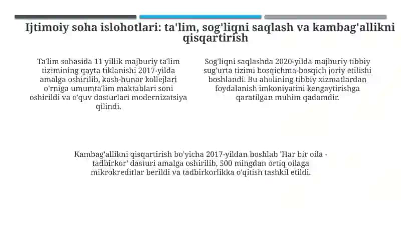 Mirziyoyev islohotlarining asosiy yo'nalishlari va yutuqlari 4