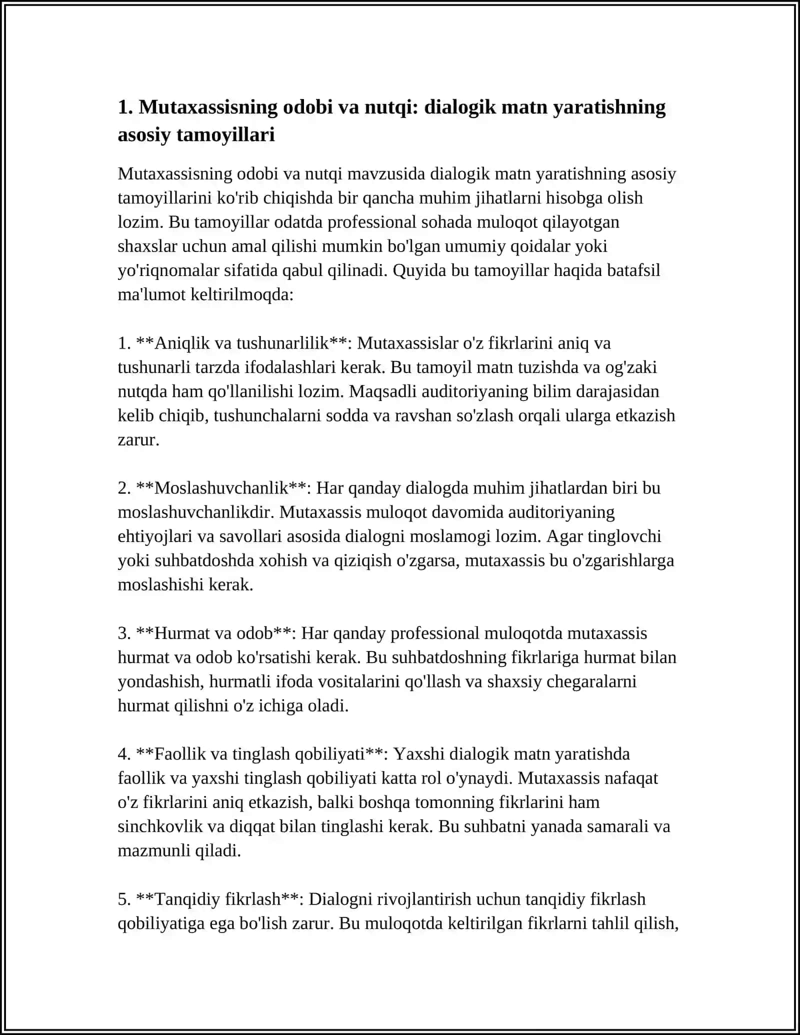 MUTAXASSISNING ODOBI VA NUTQI" DIALOGIK MATN YARATISH 4