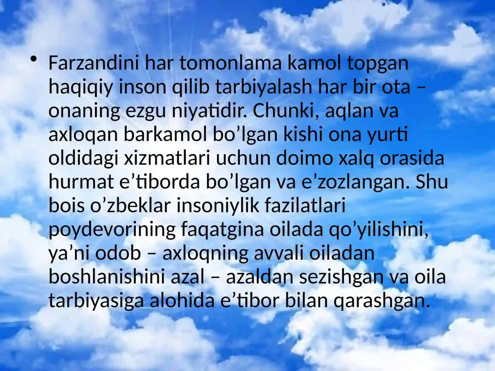O`ZBEKISTON RESPUBLIKASI PREZIDENTINING OILA VA OILA TARBIYASI TO`G`RISIDAGI FIKRLARI VA ASRLARINI O`RGANISH 4