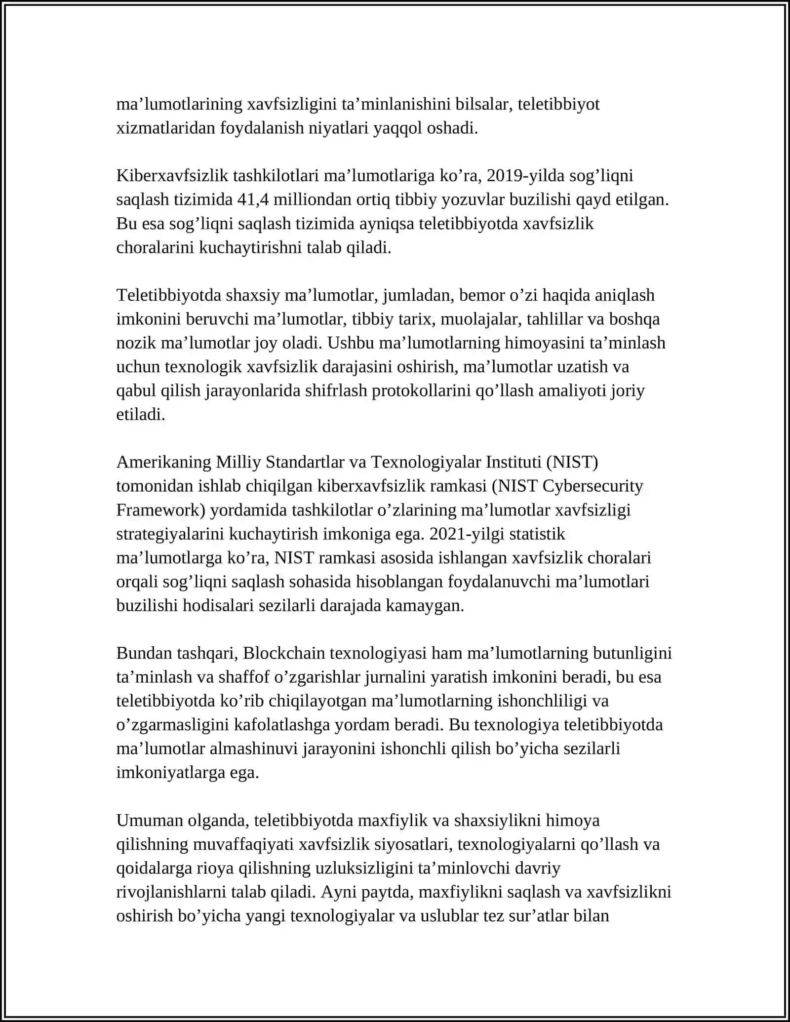 TIBBIYOTDA RAQAMLI TEXNOLOGIYALAR ETIKASI. TELETIBBIYOT 4