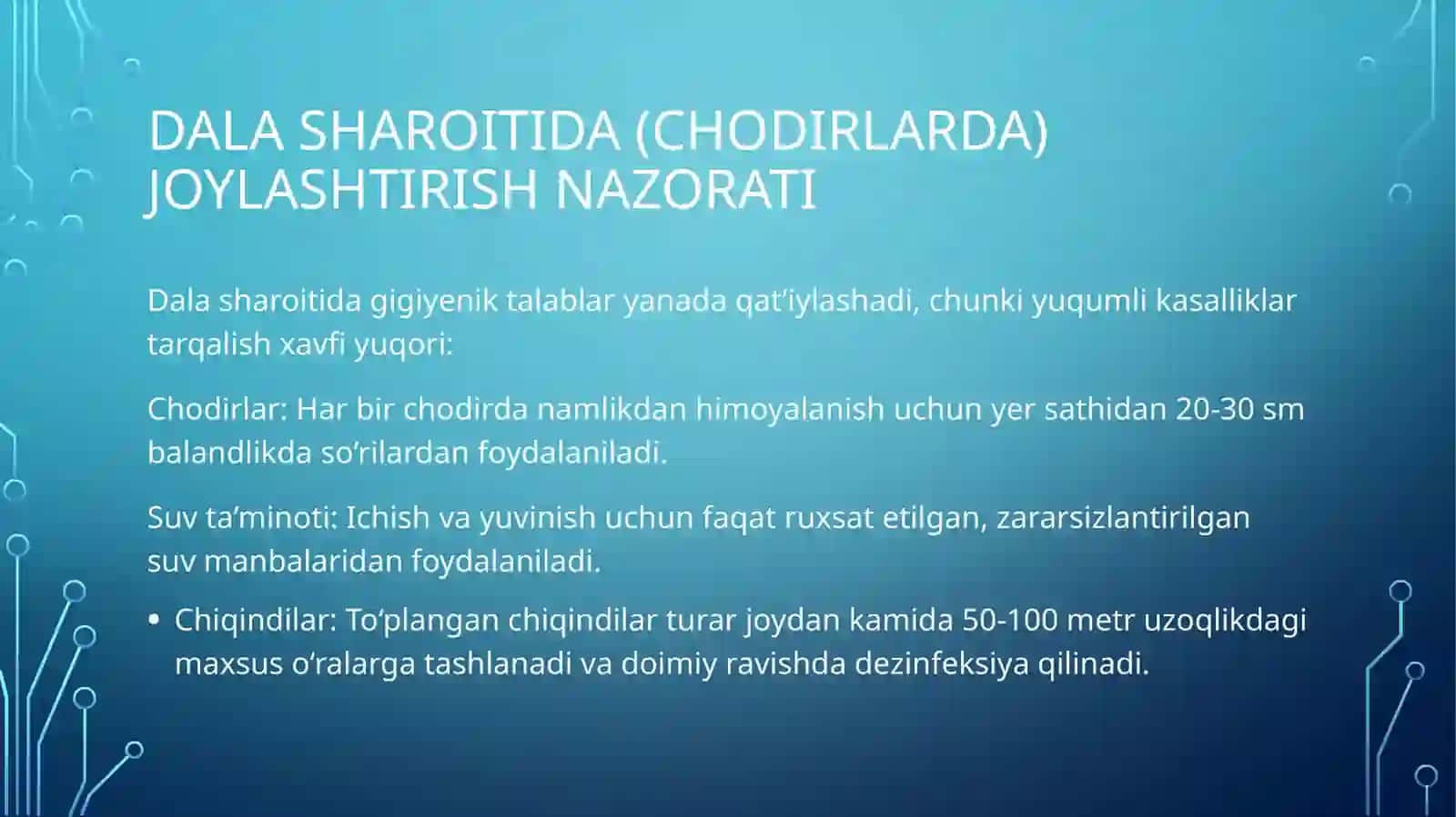 Kazarmava dala sharoitida harbiy xizmatchilarni joylashtirishning sanitar nazorati. RM va ZM bilan zararlangan hududda harbiyxizmatchilarmiovqatlanitirishningsanitar nazorati 4