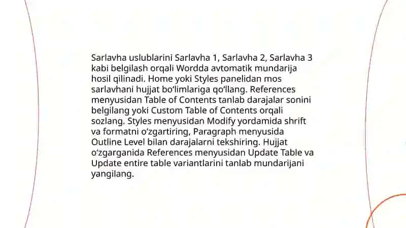 Word Dasturida Mundarija va Havolalarni Ishlash 4