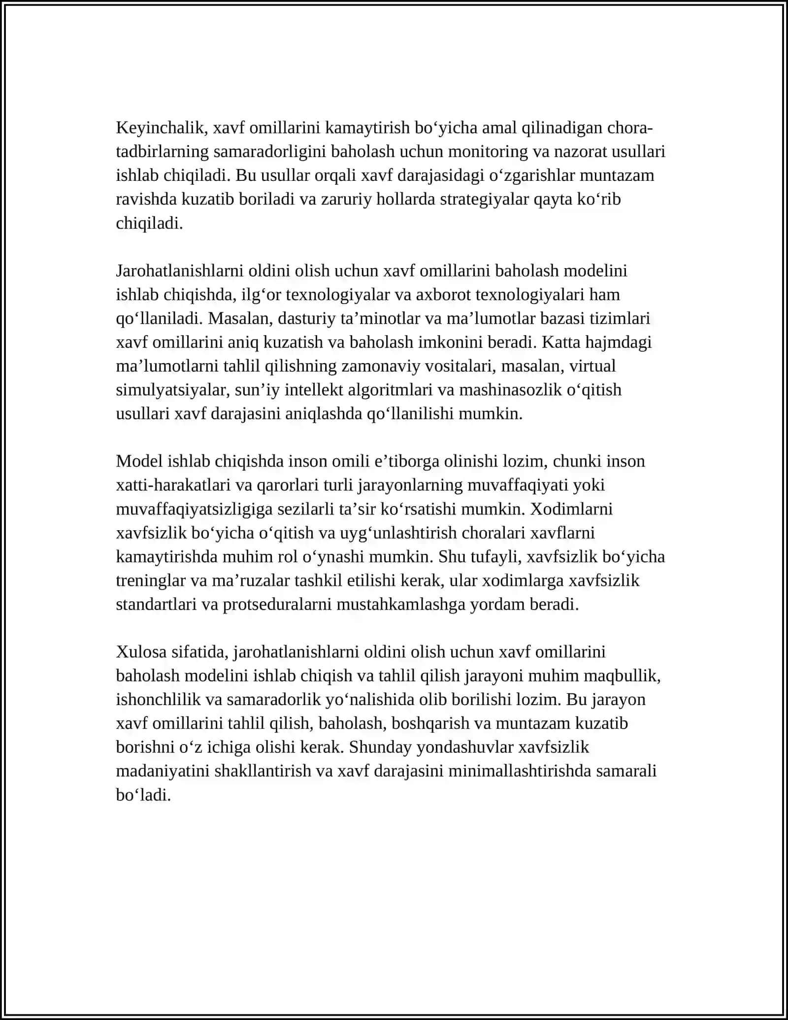 Jarohatlanishlarni oldini oladigan xavf omillarini baholash modeli 4