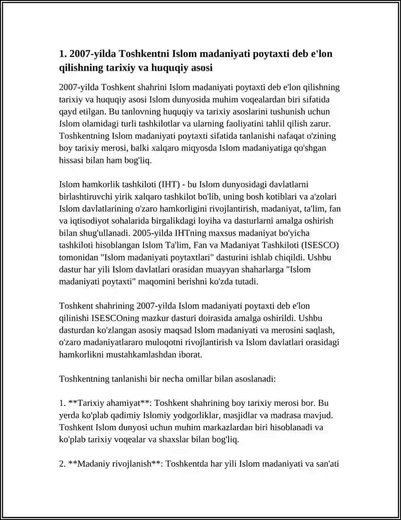 2007-YIL TOSHKENT - ISLOM MADANIYATI POYTAXTI DEB E'LON QILINISHINING MAZMUNI VA MOHIYATI 4