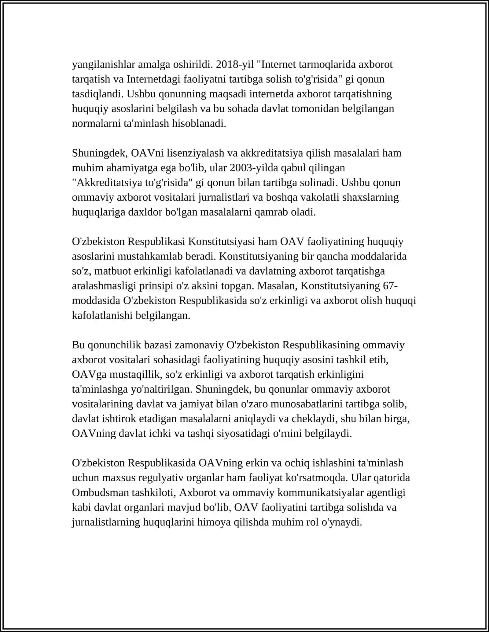 O'ZBEKISTON RESPUBLIKASINING OMMAVIY AXBOROT VOSITALARINING FAOLIYATI 4