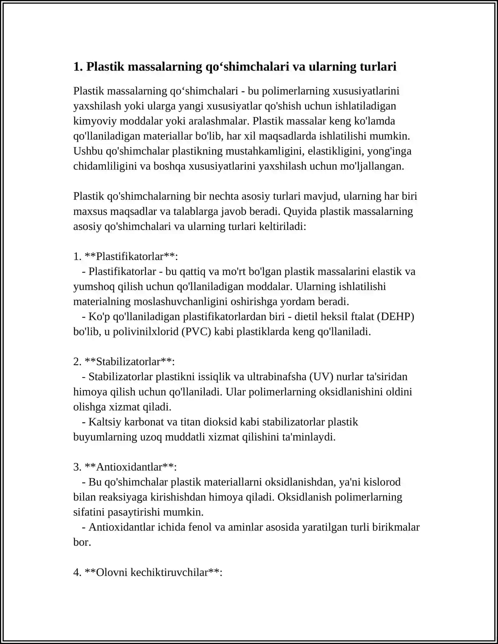 PLASTIK MASSALARNING OLISHDAGI QOʻSHIMCHALAR VA 4