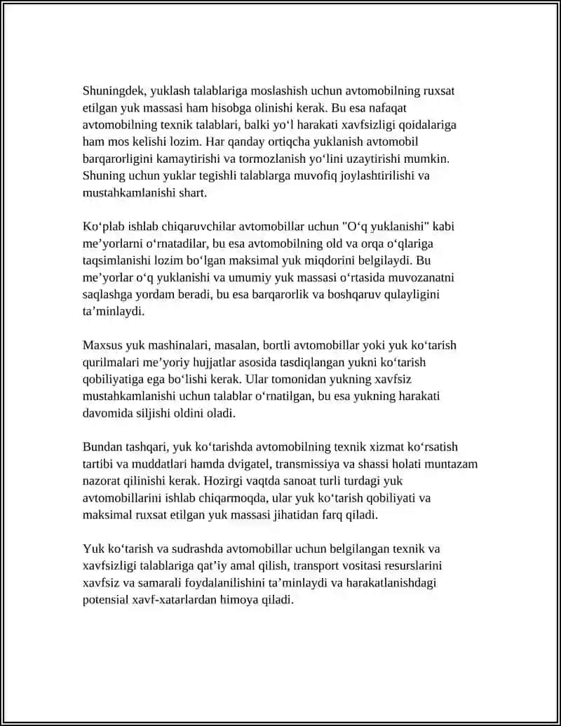 YUK KO'TARISH YOKI SUDRASHDA AVTOMOBIL KONSTRUKSIYASIGA QO'YILADIGAN ASOSIY TALABLAR 4