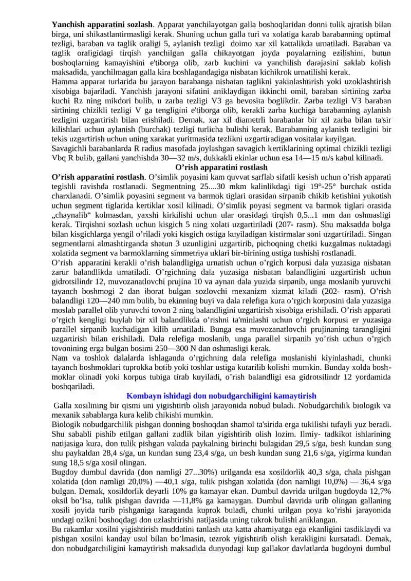 Don kombaynining mexanizmlari va ishchi organlarini qisman qismlarga ajratish 4