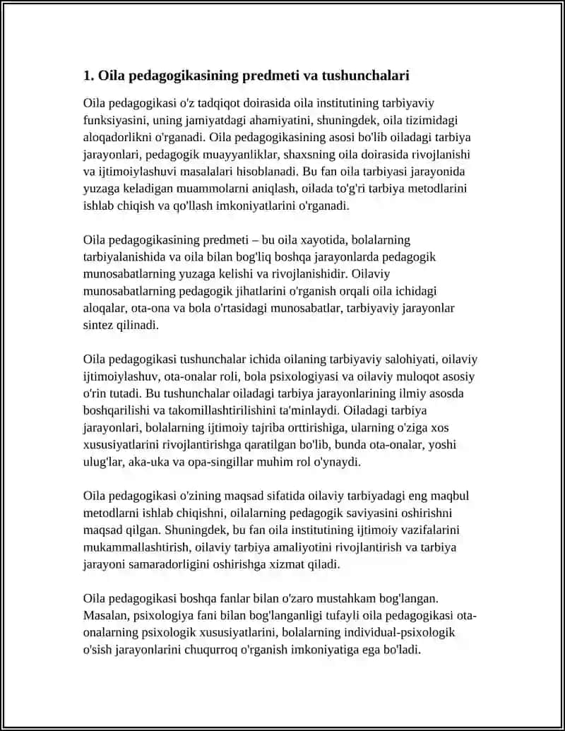 OILA PEDAGOGIKASINING PREDMETI, MAQSADI VA VAZIFALARI.OILA PEDAGOGIKASINING BOSHQA FANLAR BILAN ALOQASI 4