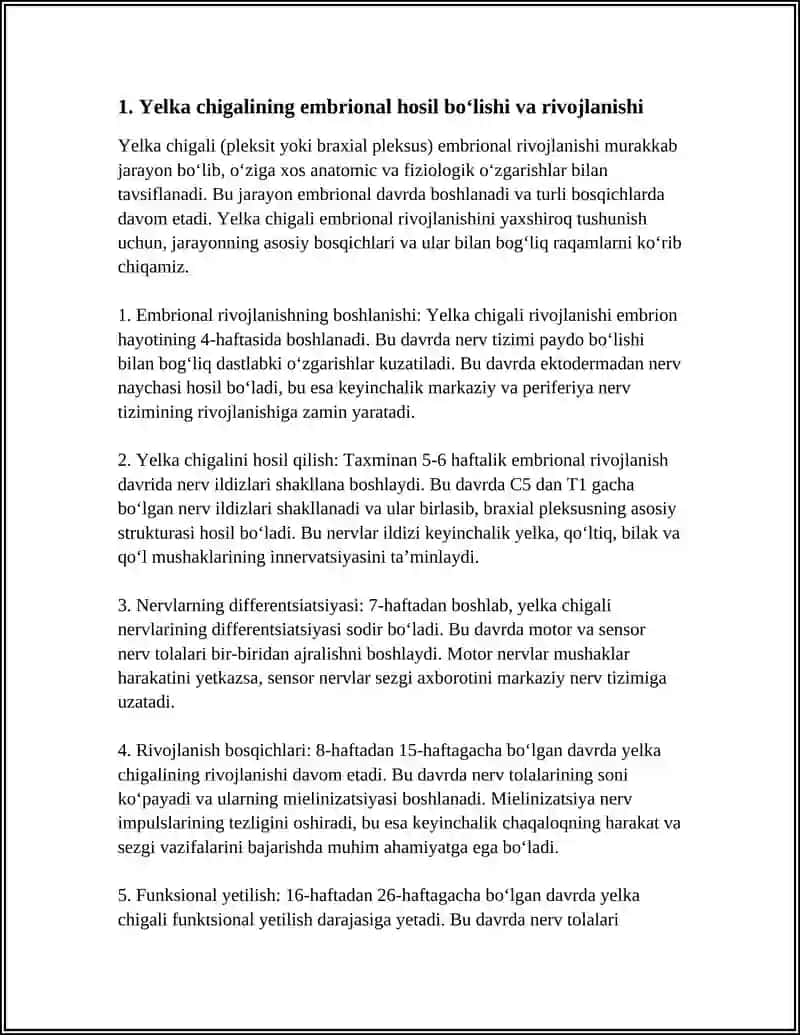 YELKA CHIGALINING HOSIL BOʻLISHI VA UNING QISQA SHOXLARI. YELKA CHIGALINING UZUN SHOXLARI. QOʻL TERISINING INNERVATSIYASI 4
