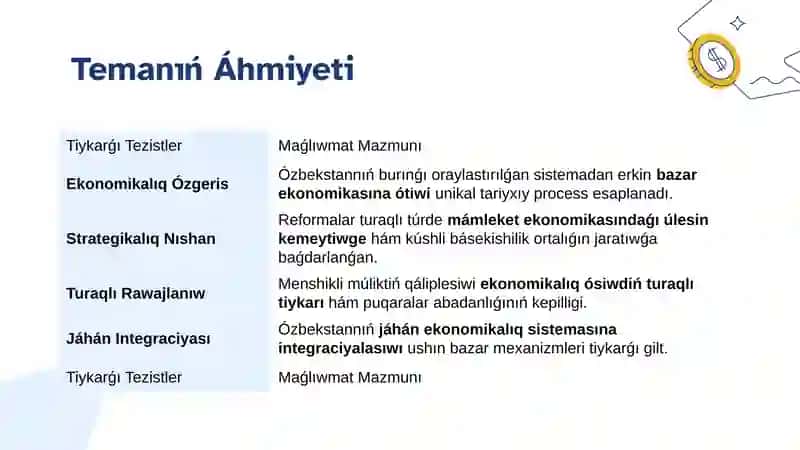 Ekonomikalıq reformalar, jeke menshik múlktiń qáliplesiwi. Ózbekistanda bazar qatnasıqlarınıń rawajlanıwı. 4