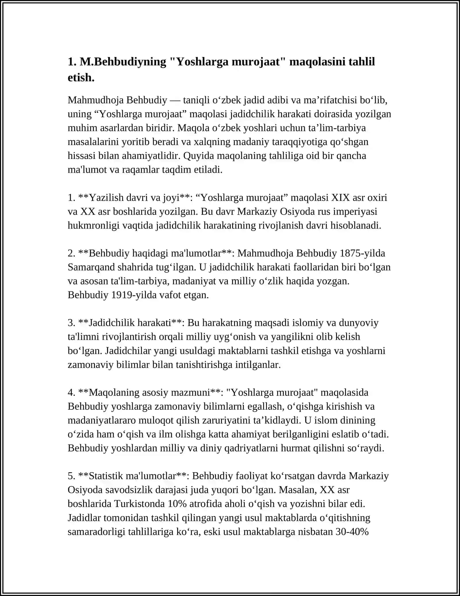 M.BEHBUDIYNING “YOSHLARGA MUROJAAT” VA “MUHTARAM YOSHLARGA MUROJAAT” MAQOLALARINI TAHLIL ETISH VA ESSE TAYYORLASH 4