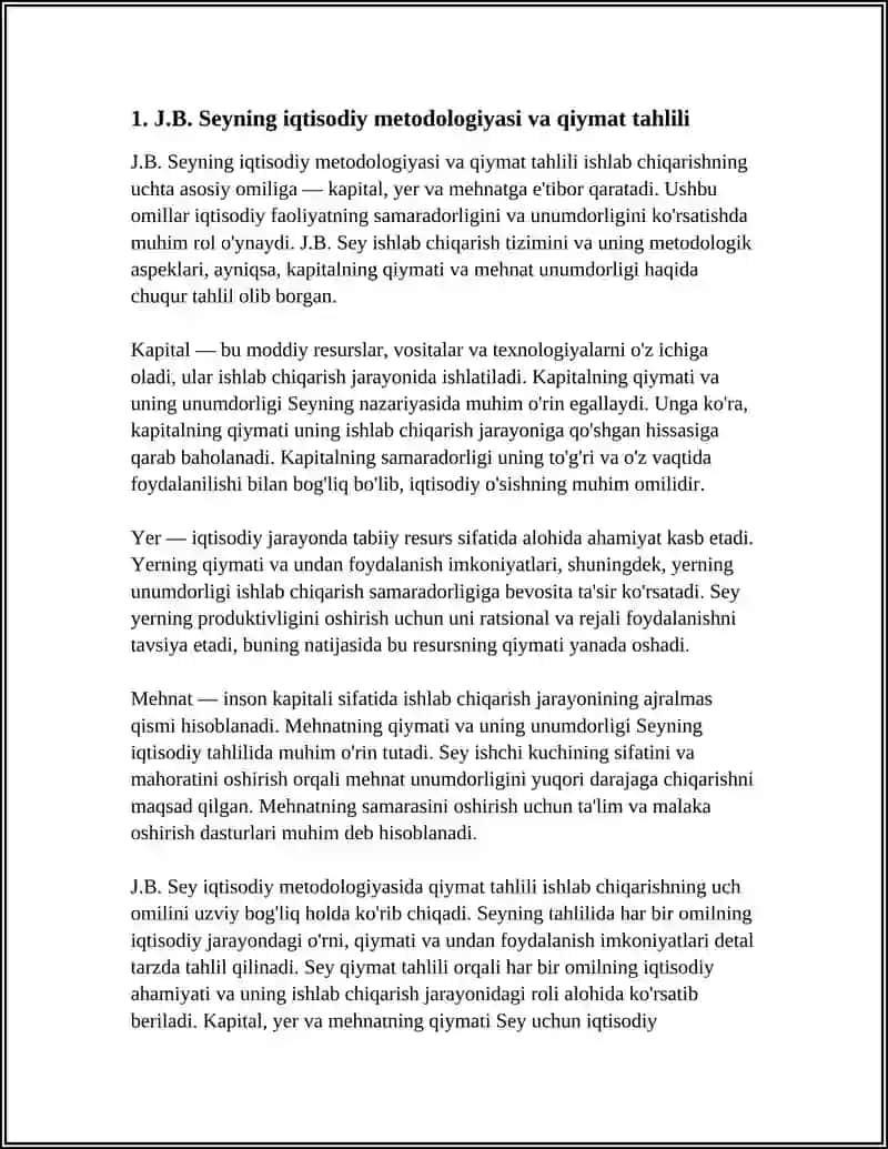 J.B SEY UNING METADALOGIYASIQIYMATINING TAHLILI ISHLAB CHIQARISHNING UCH OMILI (KAPITAL YER MEHNAT) VA KAPITAPNING QIYMATI UNUMDORLIGI HAQIDAGI GʻOYALAR 4