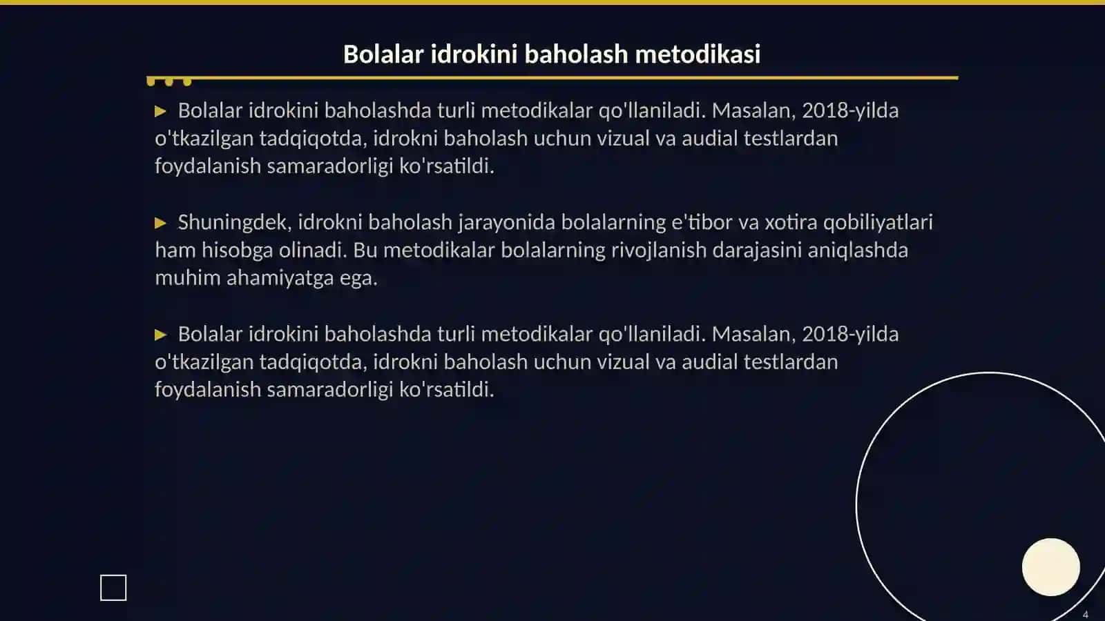 Eshitishida nuqsoni boʻlgan bolalar idrokini tekshirish metodikalari bilan tanishish 4