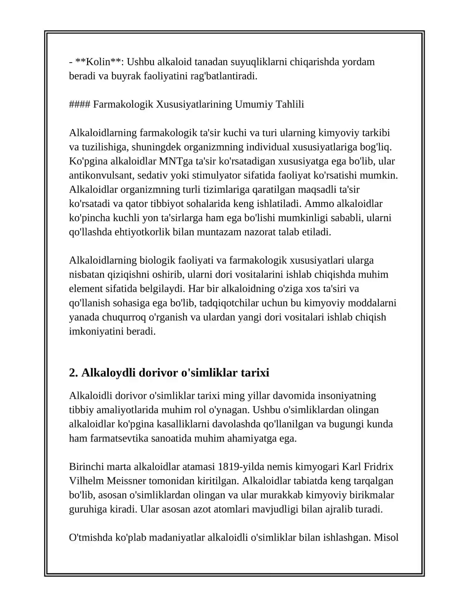 ALKALOIDLAR. TARKIBIDA ALKALOIDLARNI SAQLOVCHI DORIVOR O'SIMLIK (GIYOH)LAR VA DORIVOR O'SIMLIK (GIYOH)LAR XOM ASHYOLARI 4