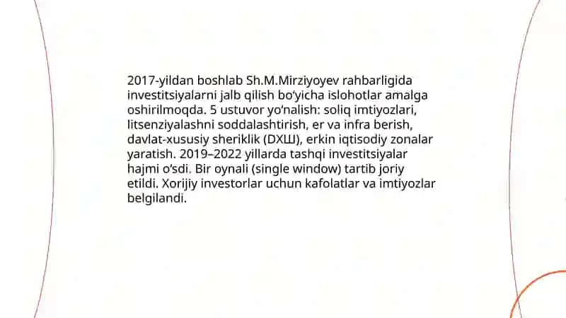 Prezident Sh.M.Mirziyoyev rahbarligi va tashabbusi ostida amalga oshirilayotgan islohotlar 4