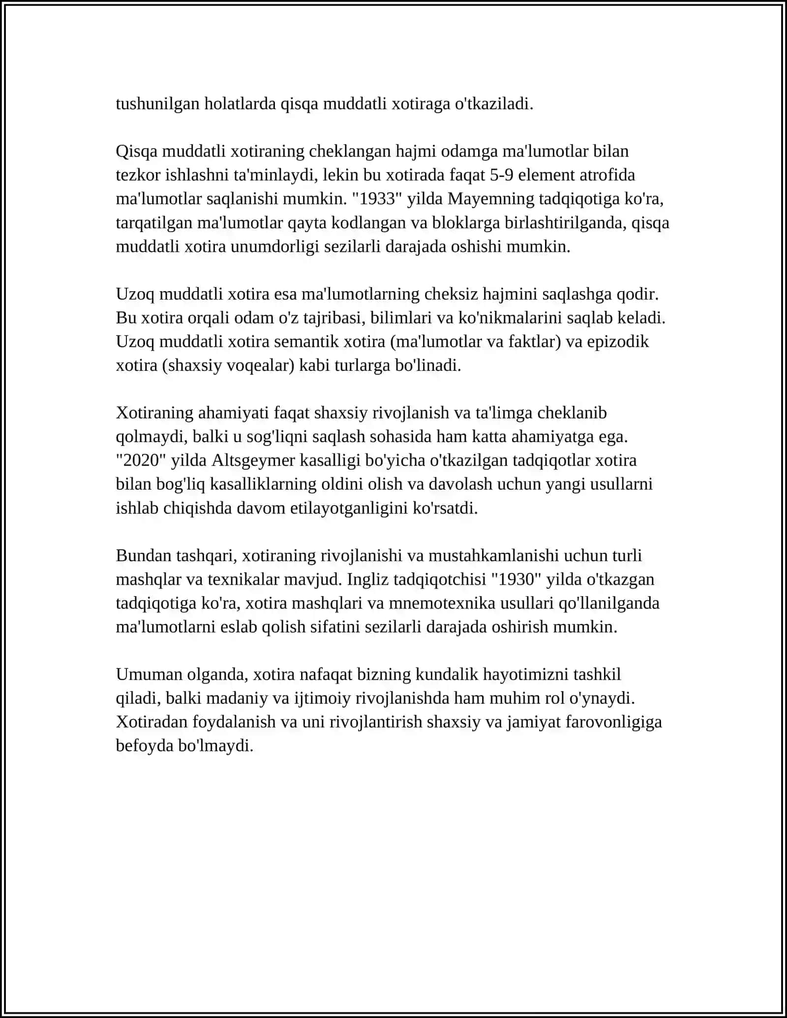 SHAXSNING PSIXIK BILISH JARAYONLARI: XOTIRA VA UNING TURLARI. DIQQATNING FIZIOLOGIK ASOSLARI 4