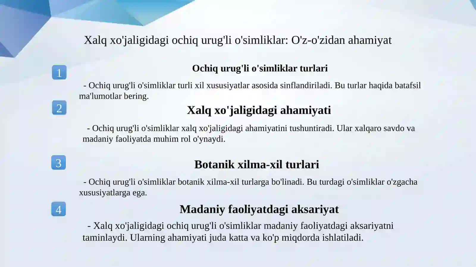 Ochiq urug'li o'simliklarning klassifikatsiyasi va ularning xalq xo'jaligida ahamiyati 4