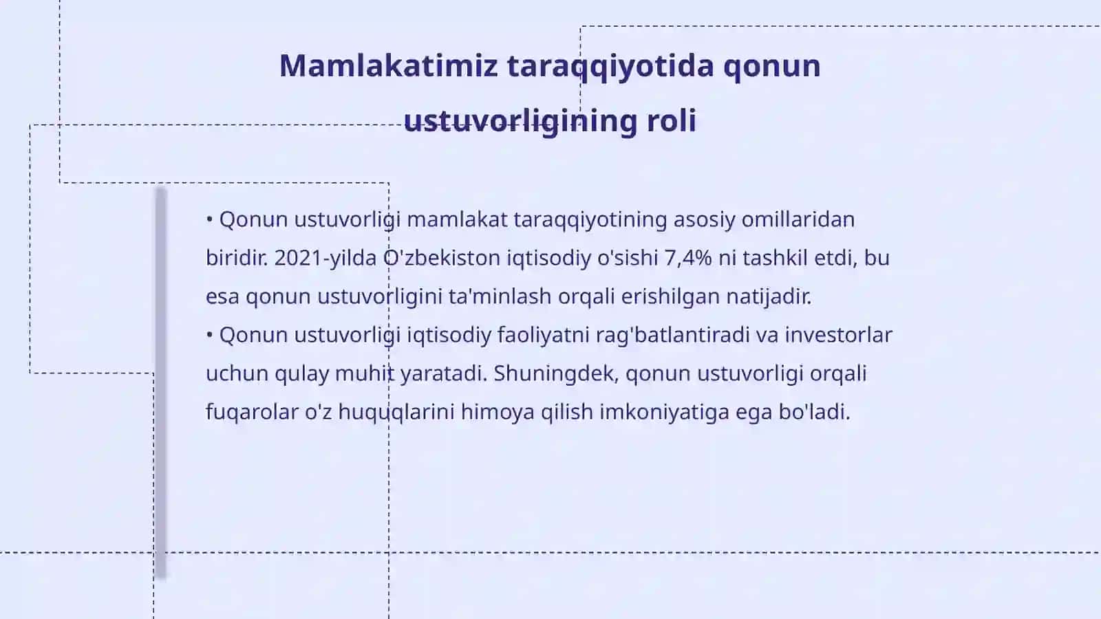 Adolat va qonun ustuvorligi tamoyillarini taraqqiyotning eng asosiy va zarur shartiga aylantirish 4
