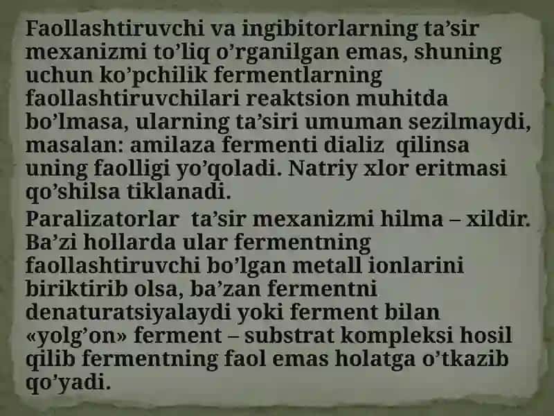 Fermentlar faolligini boshqarilishi. Ferment ingibitorlari. Tibbiyotda qo’llanilishi. 4