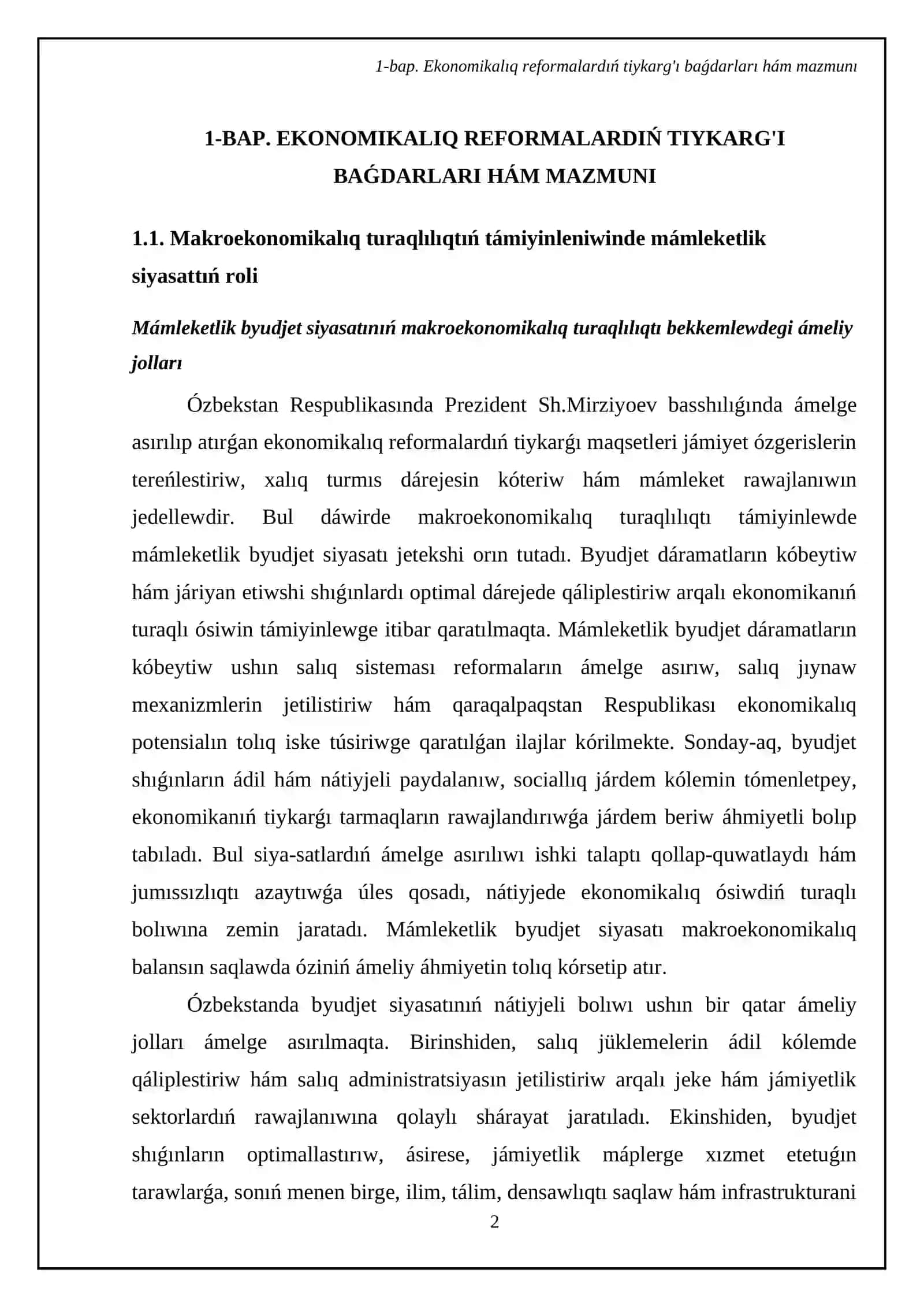 Ózbekstan Respublikası prezidenti Sh.Mirziyoev basshılıģında ámelge asırılıp atırģan ekonomikalıq reformalardıń mazmunı, áhmiyeti hám nátiyjeleri 4
