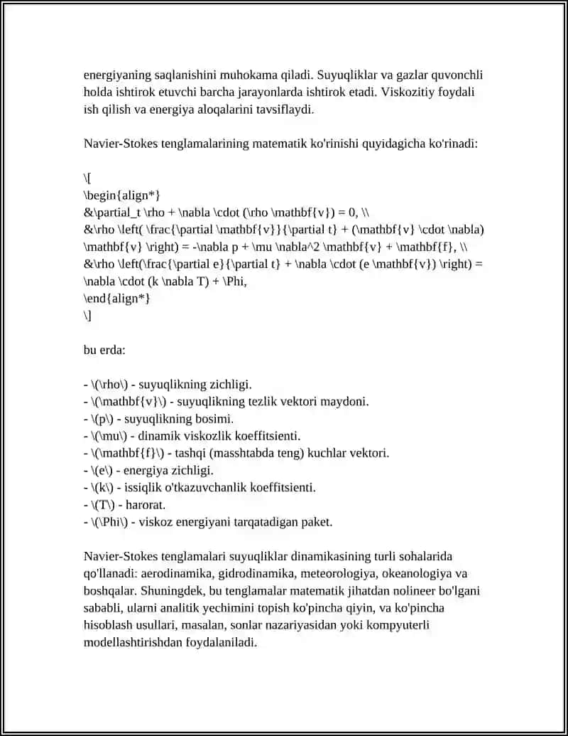 Navier–Stokes tenglamalari yopishqoq suyuqliklar uchun 4