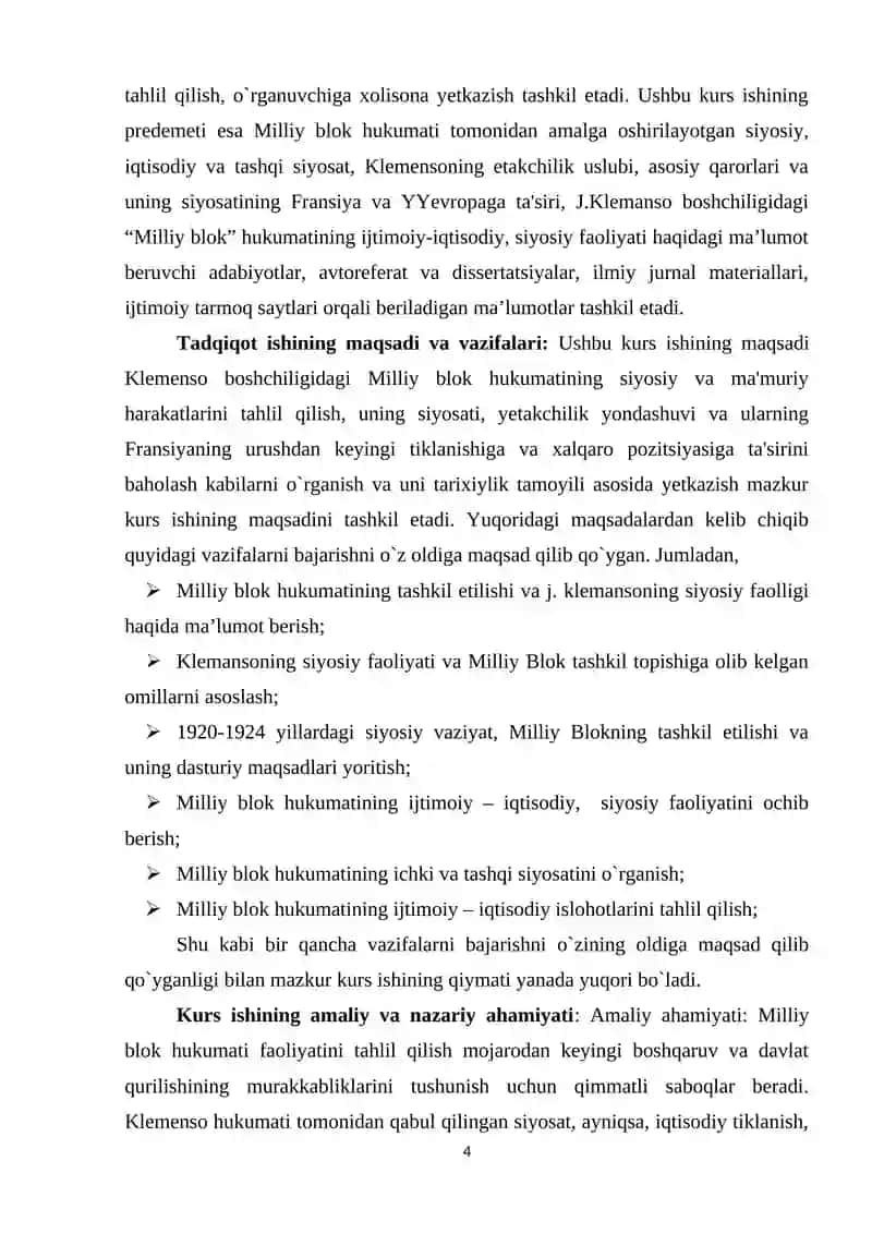 J.KLEMANSO BOSHCHILIGIDAGI “MILLIY BLOK” HUKUMATINING FAOLIYATI (1920-1924-YILLAR) MAVZUSIDA YOZGAN 4