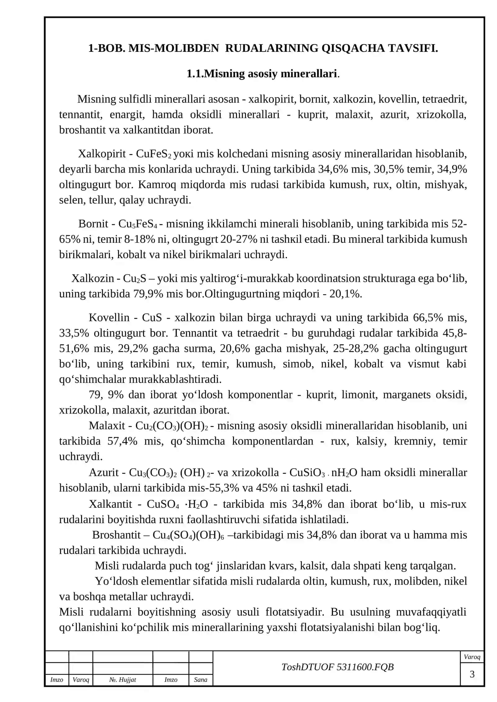 Yoshlik koni mis-molibdenli rudasini flotatsiya usulida boyitishning texnologik sxemasini tanlash va hisoblash 4