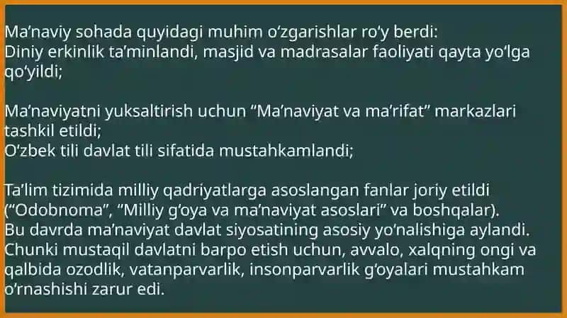 Mustaqillik yillarida Ozbekistondagi manaviyat va madaniyat taraqqiyoti 4