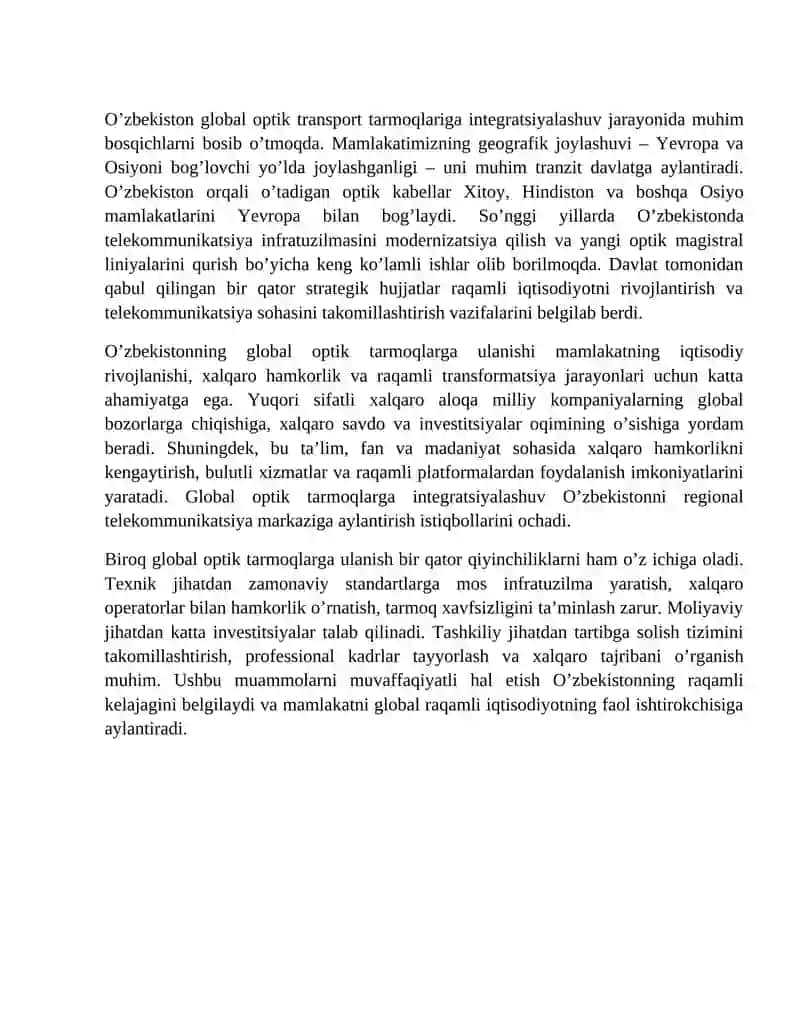 Globallashgan optik transport aloqa tarmoqlarining rivojlanishi, istiqbollari va ularga O’zbekiston 4