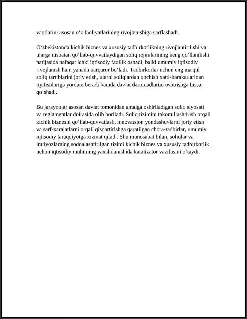 O'ZBEKISTONDA KICHIK BIZNES VA XUSUSIY TADBIRKORLIKNI RIVOJLANTIRISHDA SOLIQLARNING O‘RNI, SODDALASHTIRILGAN SOLIQ TIZIMI 4