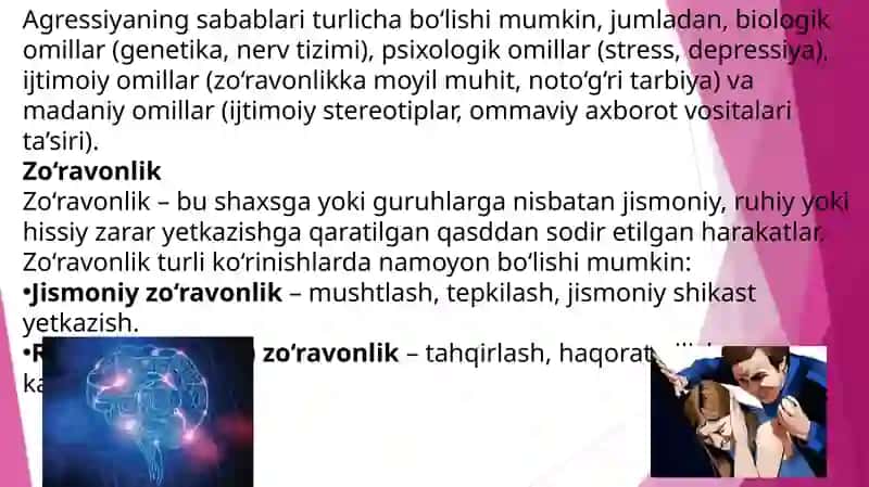 Agressiya va zo'ravonlik. Uning ko'rinishlarini mazmun mohiyati. 4