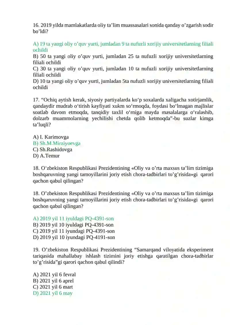 Yangi O‘zbekistonda amalga oshirilayotgan islohotlar. Test savollari. 4
