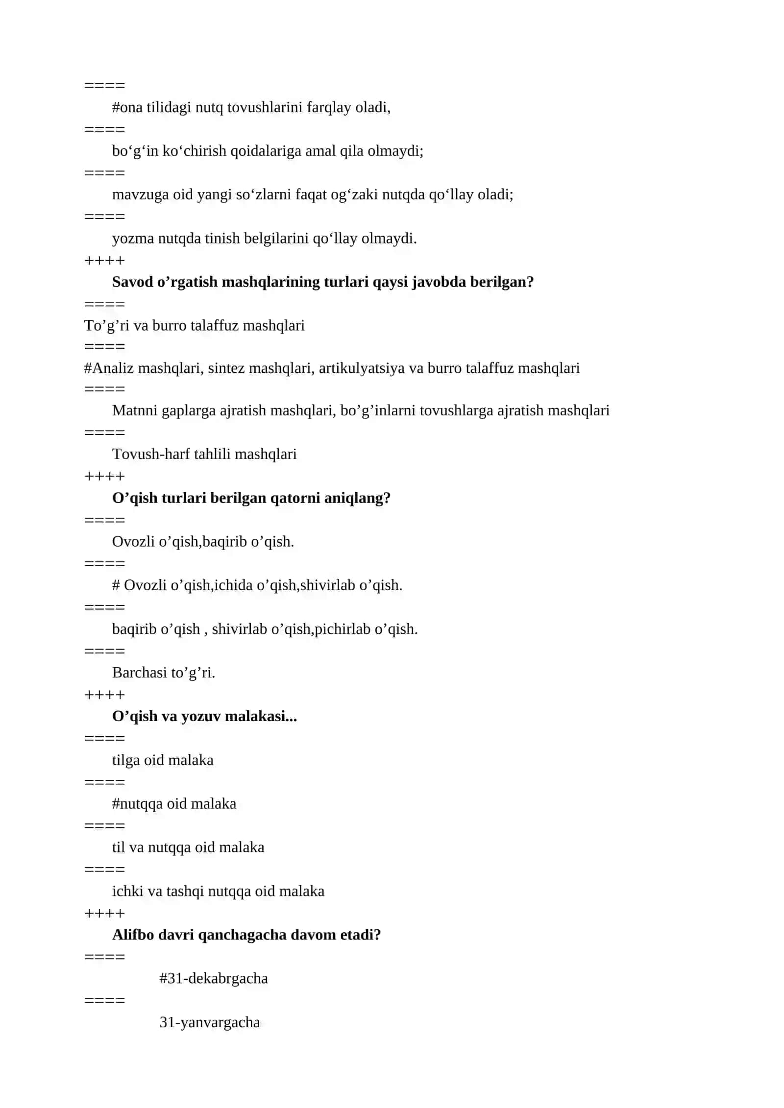 ona tili o'qitish metodikasidan test to‘plami 4