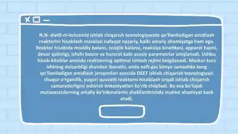 N,N-DIETIL-M-TOLUAMID ISHLAB CHIQARISH TEXNNOLOGIYASIDAGI AMIDLASH REAKTORINI HISSOBLASH 4