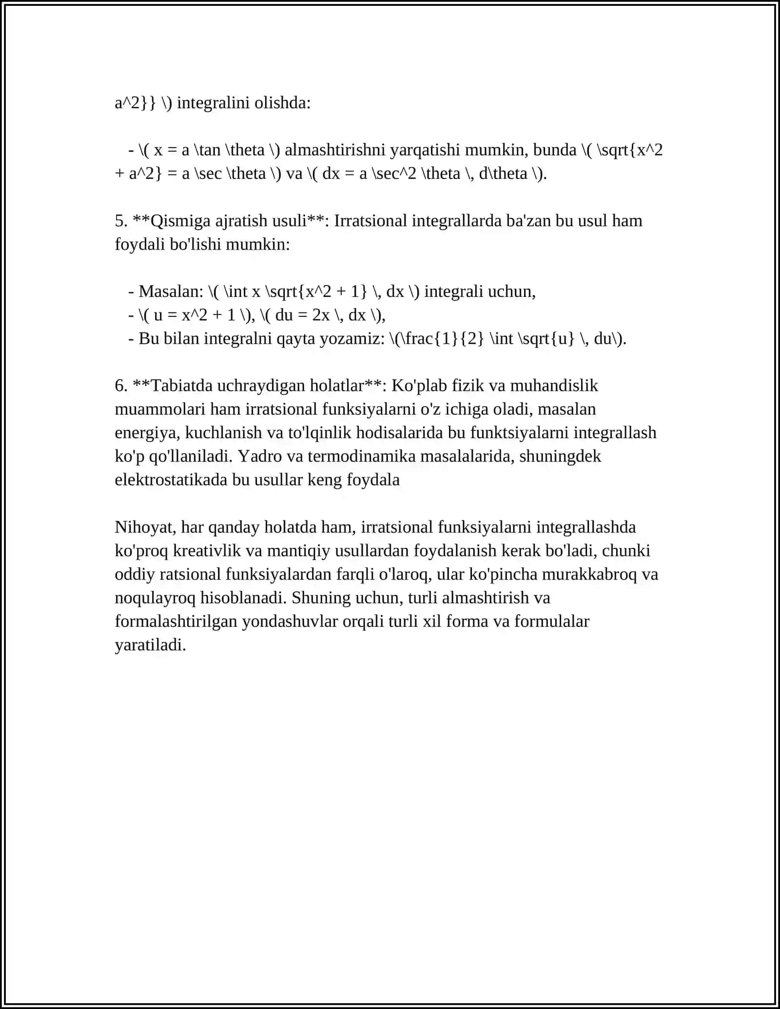 SODDA IRROTSIONAL VA TRANSSENDENT FUNKSIYALARNI INTEGRALLASH 4