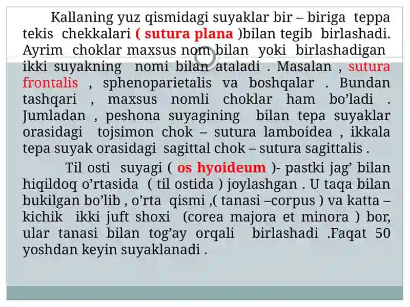 Kalla suyaklarining harakatchan va harakatsiz birikishlari .Choklar va ularning joylashuvi va hosil bo’lishi .Chakka –pastki jag’ bo’g’imi . KT, YAMR, MRT larda umumiy ko’rinish 4