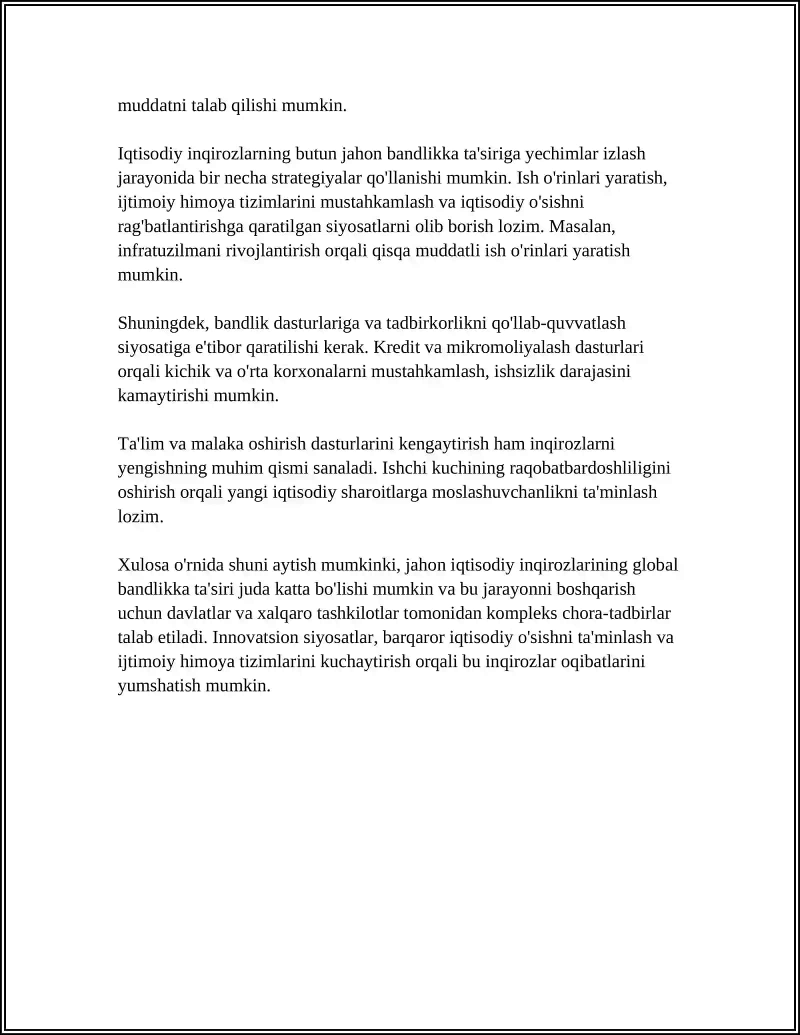 JAHON IQTISODIYOTI MUAMMOLARINING OQIBATLARI VA YO’LLARI 4