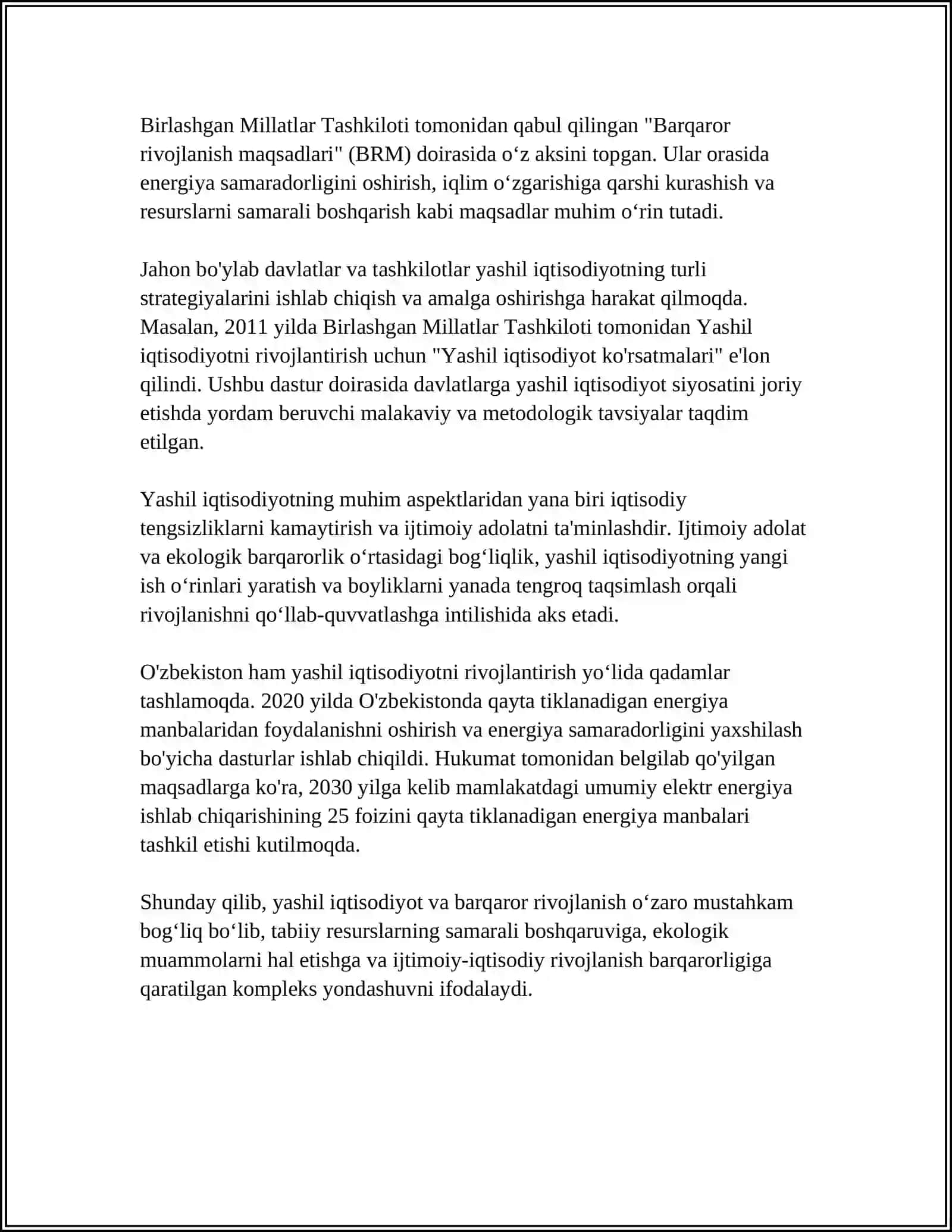 Yashil iqtisodiyotning tushunchasi va barqaror rivojlanish bilan bogʻliqligi 4