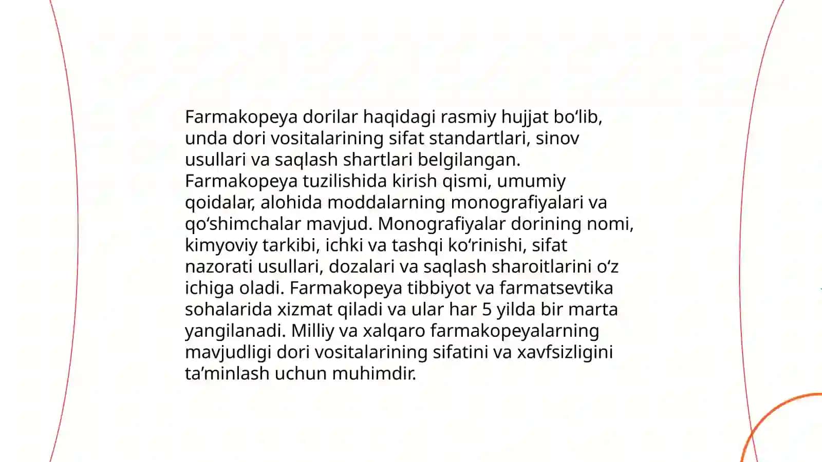 Davlat farmakopeyasi.Tarixi tuzilishi Dori turlari texnologiyasida qôllaniladigan terminlar Dorixona sharoitda dori ishlab chiqarish qoidalari 4