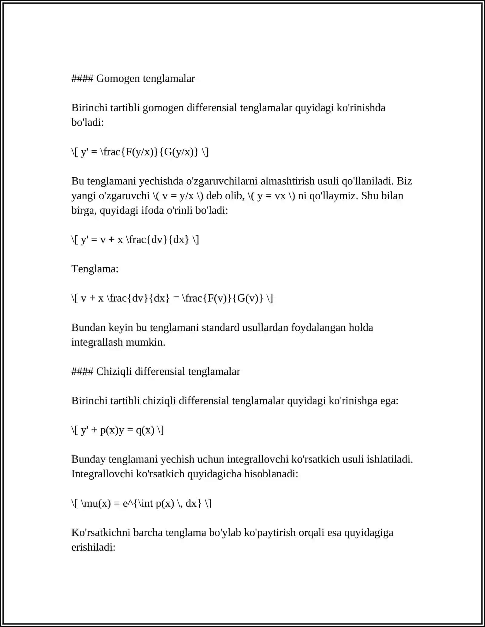 BIRINCHI TARTIBLI DIFFERENSIAL TENGLAMANING MAXSUS YECHIMI.KLERO TENGLAMASI. LAGRANJ TENGLAMASI 4